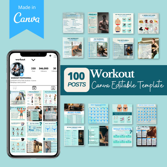 Workout Posts- 100 Canva Editable Templates