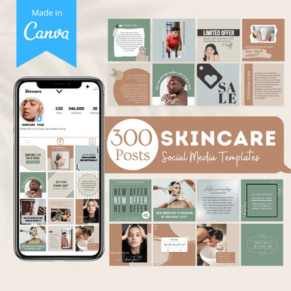 300 Skincare Posts - Social Media Canva Templates