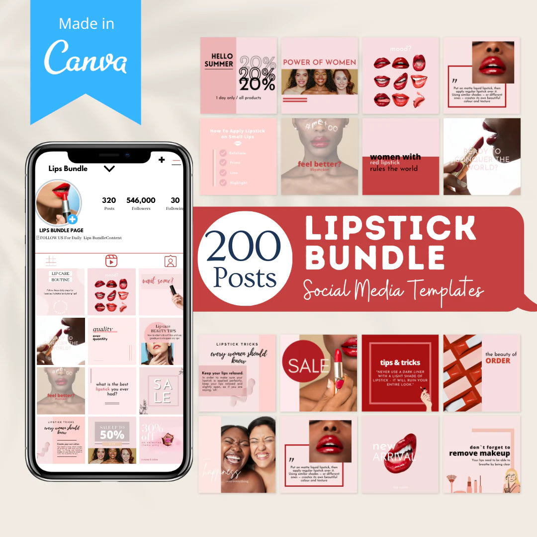 200 Lipstick Bundle Posts - Social Media Canva Templates