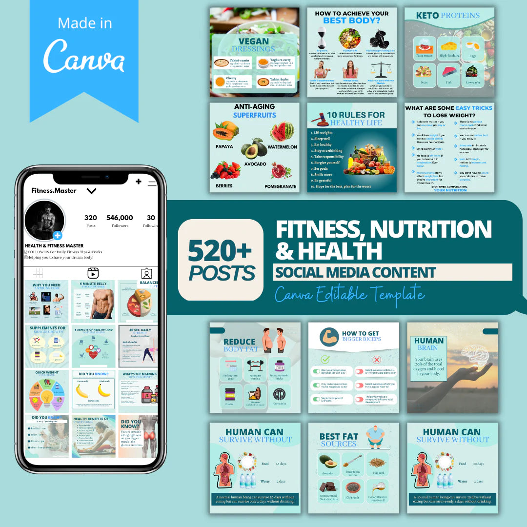 520 General Health, Nutrition & Fitness Posts- Canva Editable Templates