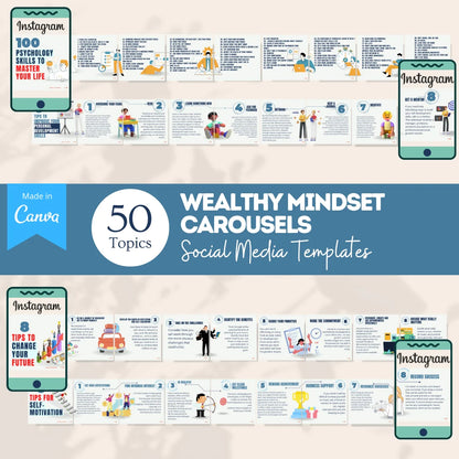 50 Wealthy Mindset Carousels - Social Media Templates