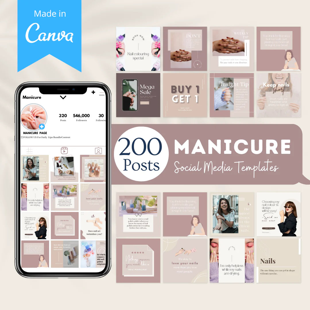 200 Manicure Posts - Social Media Canva Templates