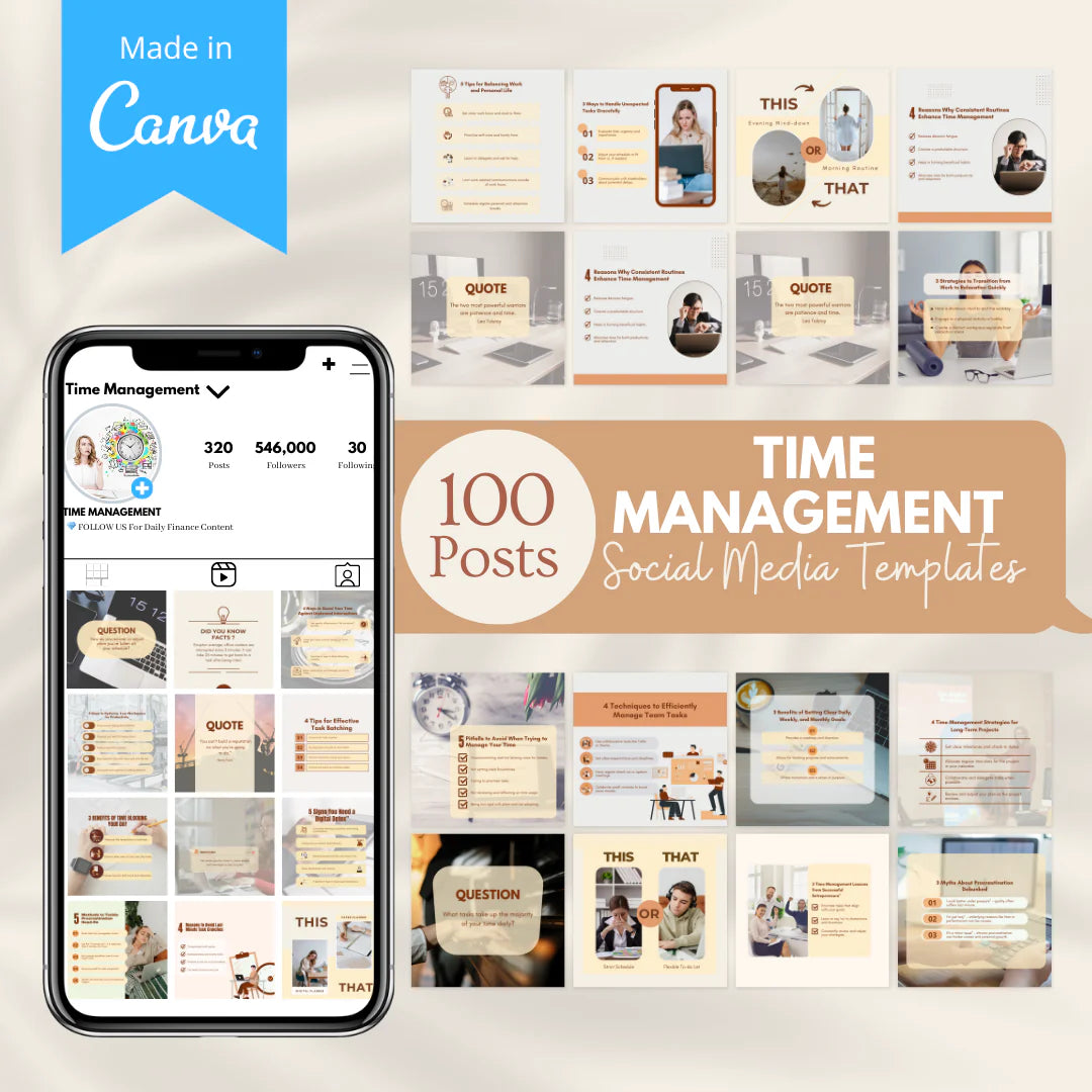 100 Time Management Posts- Social Media Templates