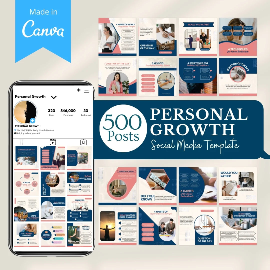 500 Personal Growth Posts - Canva Editable Templates