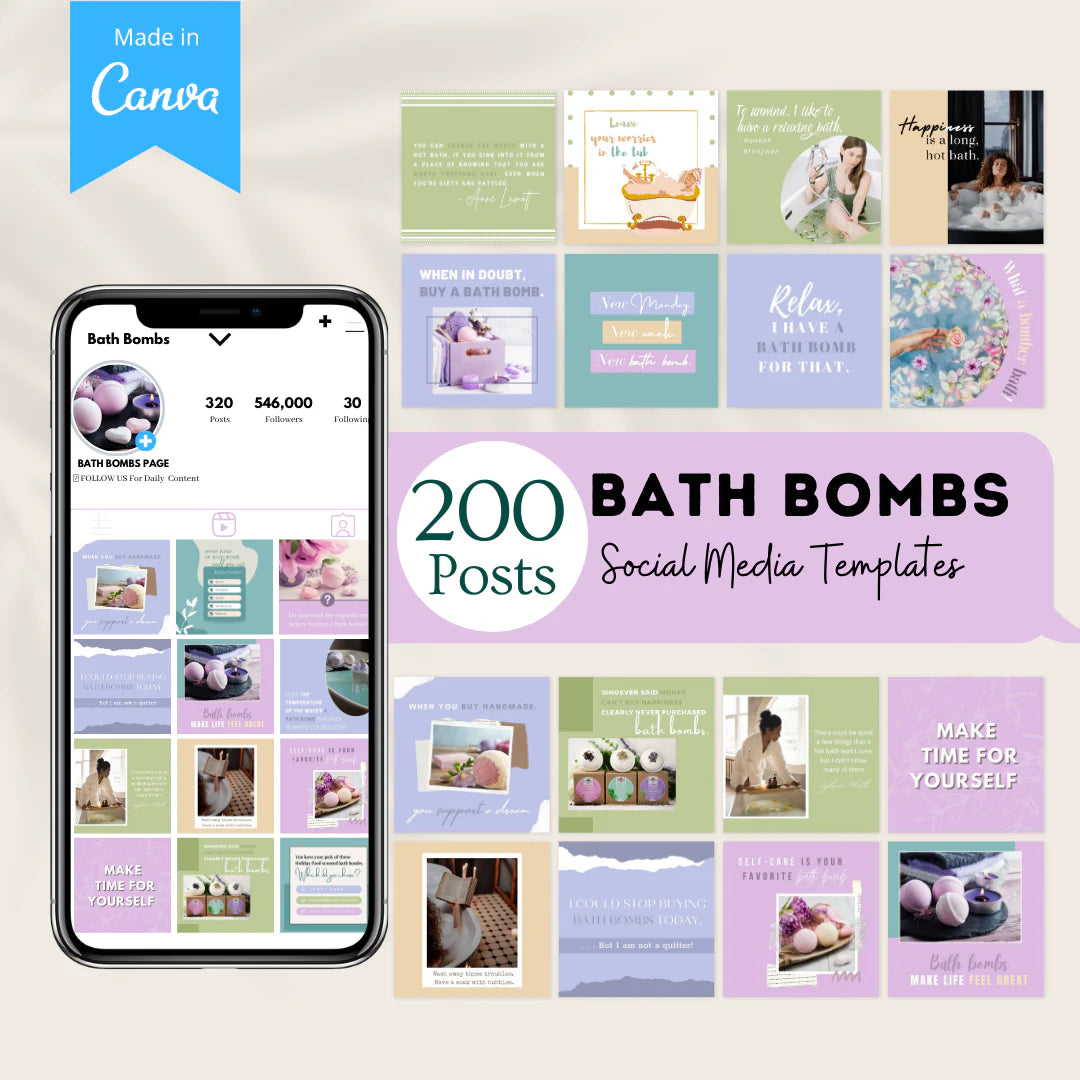 200 Bath Bombs Posts - Social Media Canva Templates