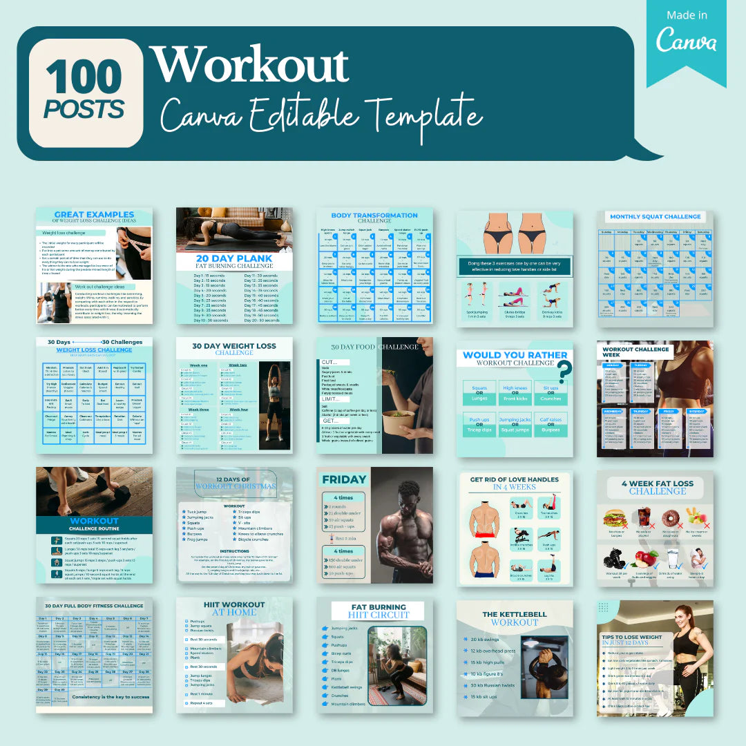 Workout Posts- 100 Canva Editable Templates