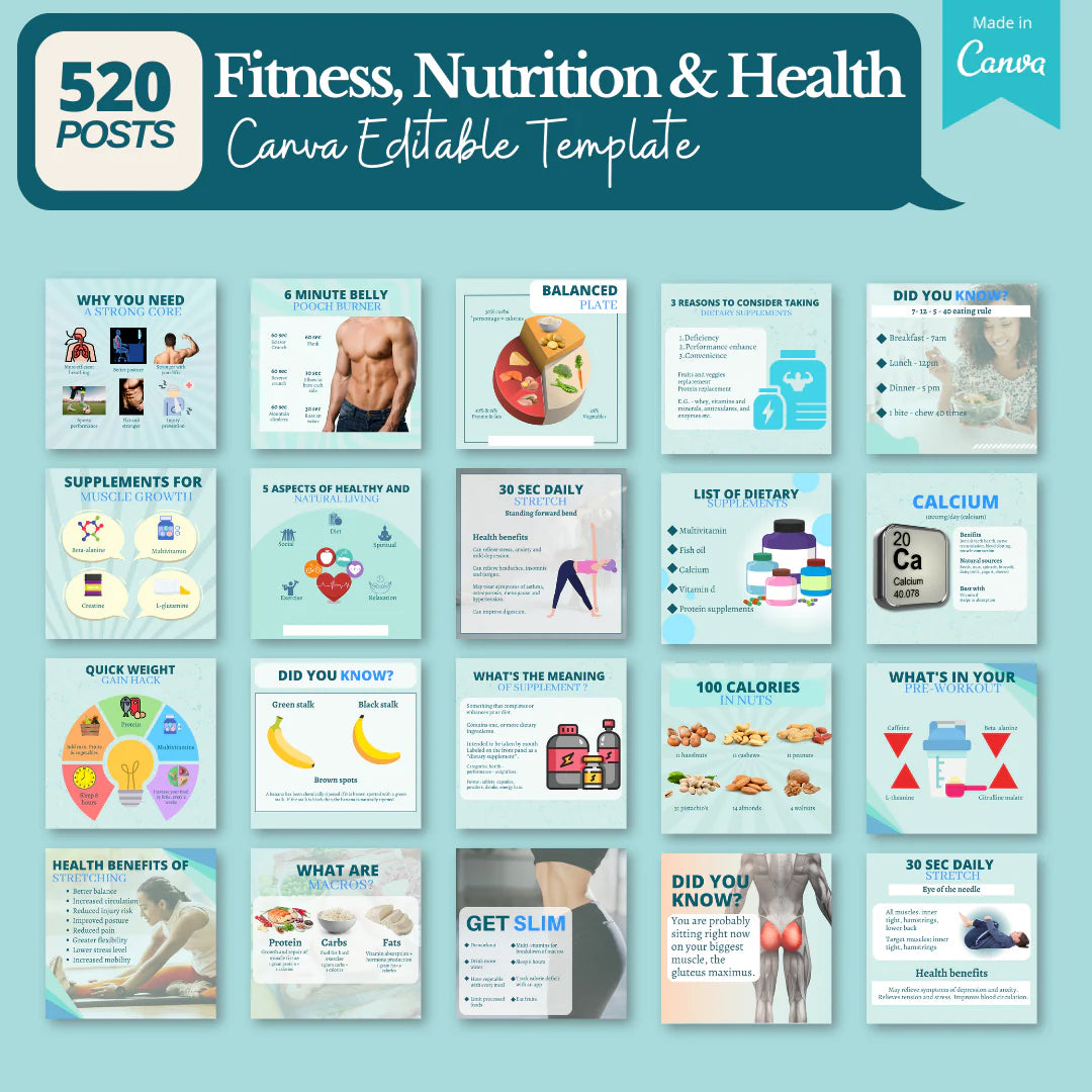 520 General Health, Nutrition & Fitness Posts- Canva Editable Templates