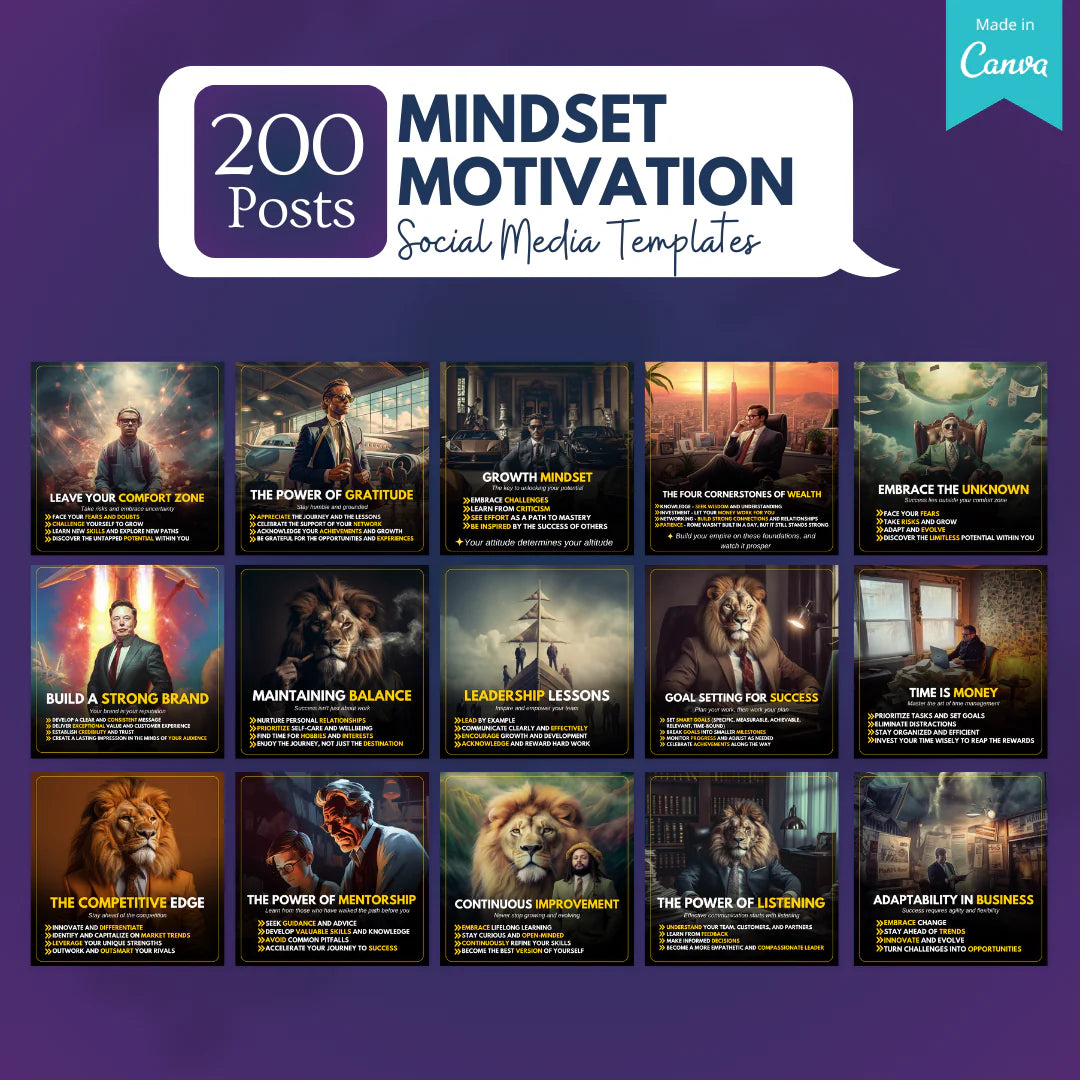 200 Mindset Motivation Posts - Social Media Templates