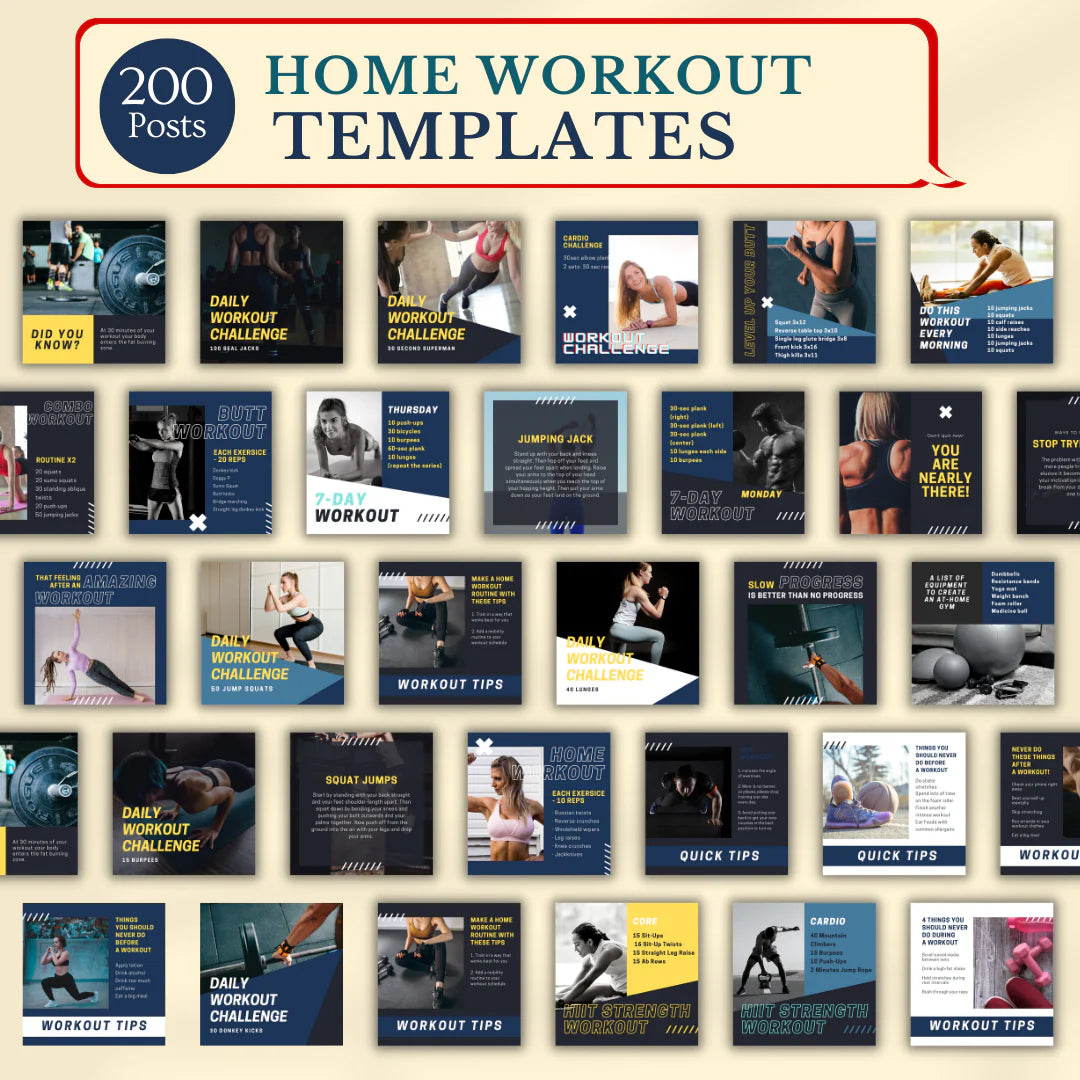 200 Home Workout Posts - Canva Editable Templates