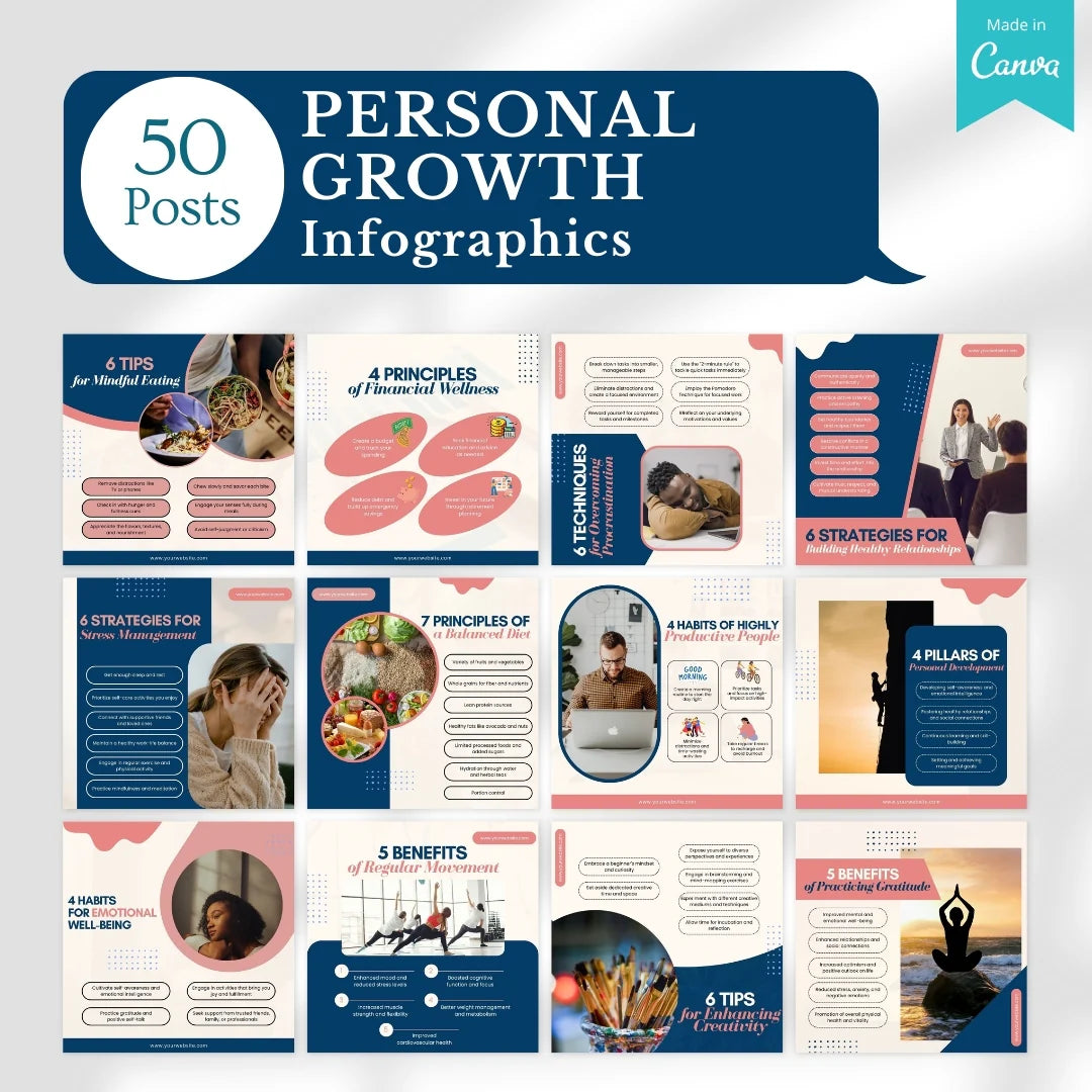 500 Personal Growth Posts - Canva Editable Templates