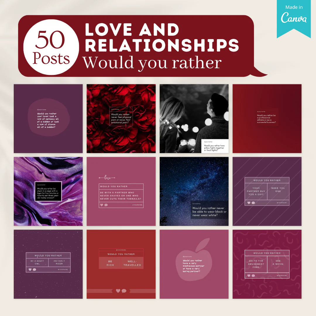 300 Love and Relationships Posts - Social Media Canva Templates