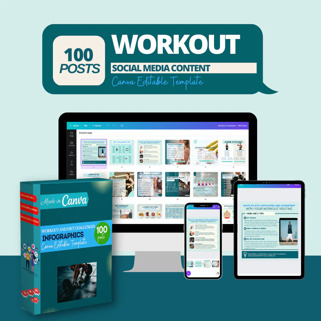 Workout Posts- 100 Canva Editable Templates